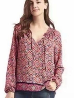 Gap Tile Print Smock Blouse Small Red Pink Navy Boho Peasant Business Casual